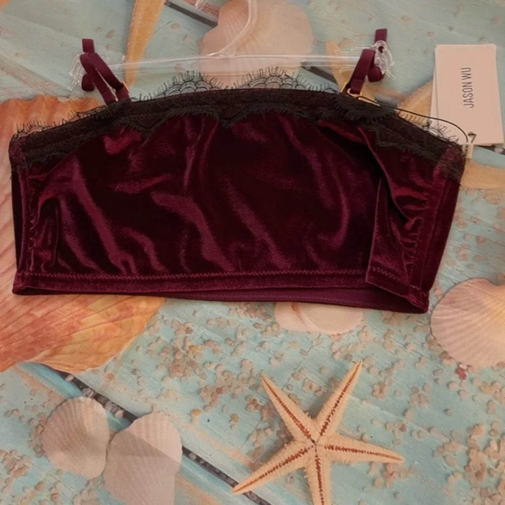 JASON WU Velour Lace Trim Bandeau Bralette, Burgundy, Large, NWT - Picture 10 of 11